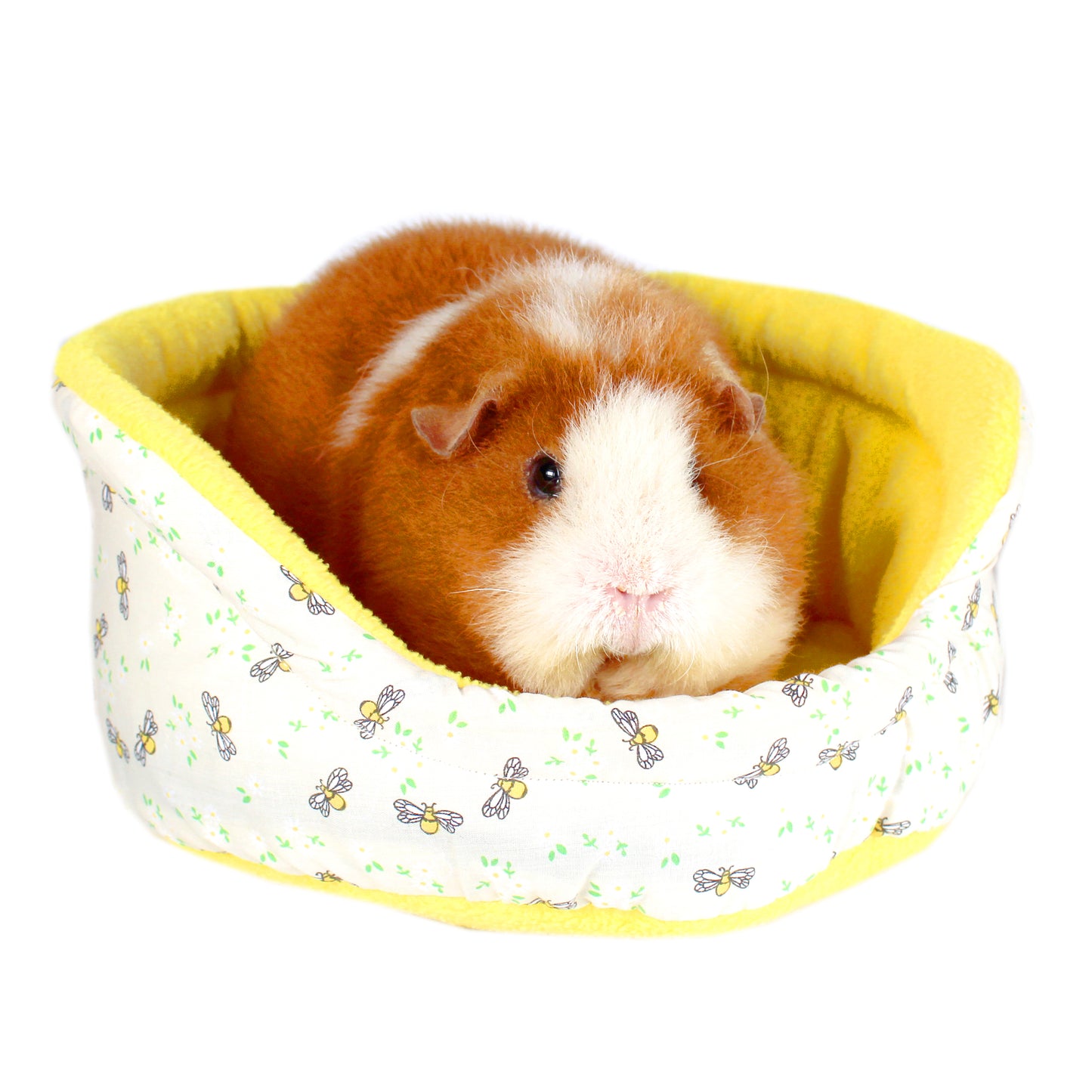 Yellow Bee Guinea Pig Accessory Set, front view of the cuddle cup with happy guinea pig inside