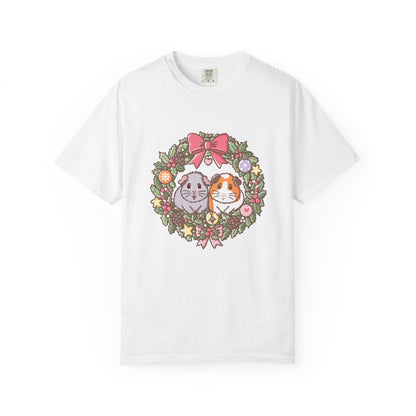 White Christmas guinea pig T-shirt featuring Earl Grey and Teacake in a festive wreath design.