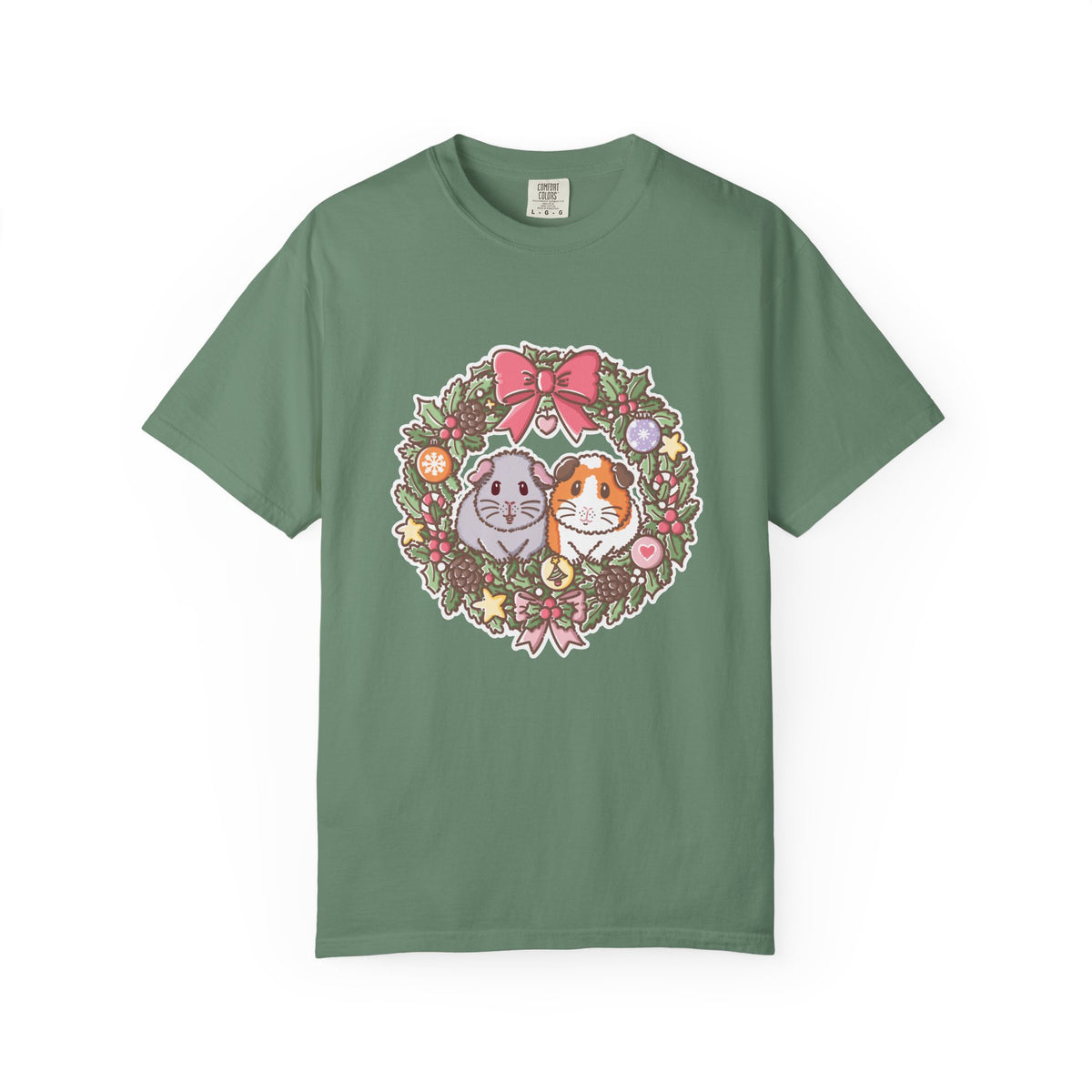Green Christmas T-shirt with colourful Earl Grey and Teacake wreath artwork.