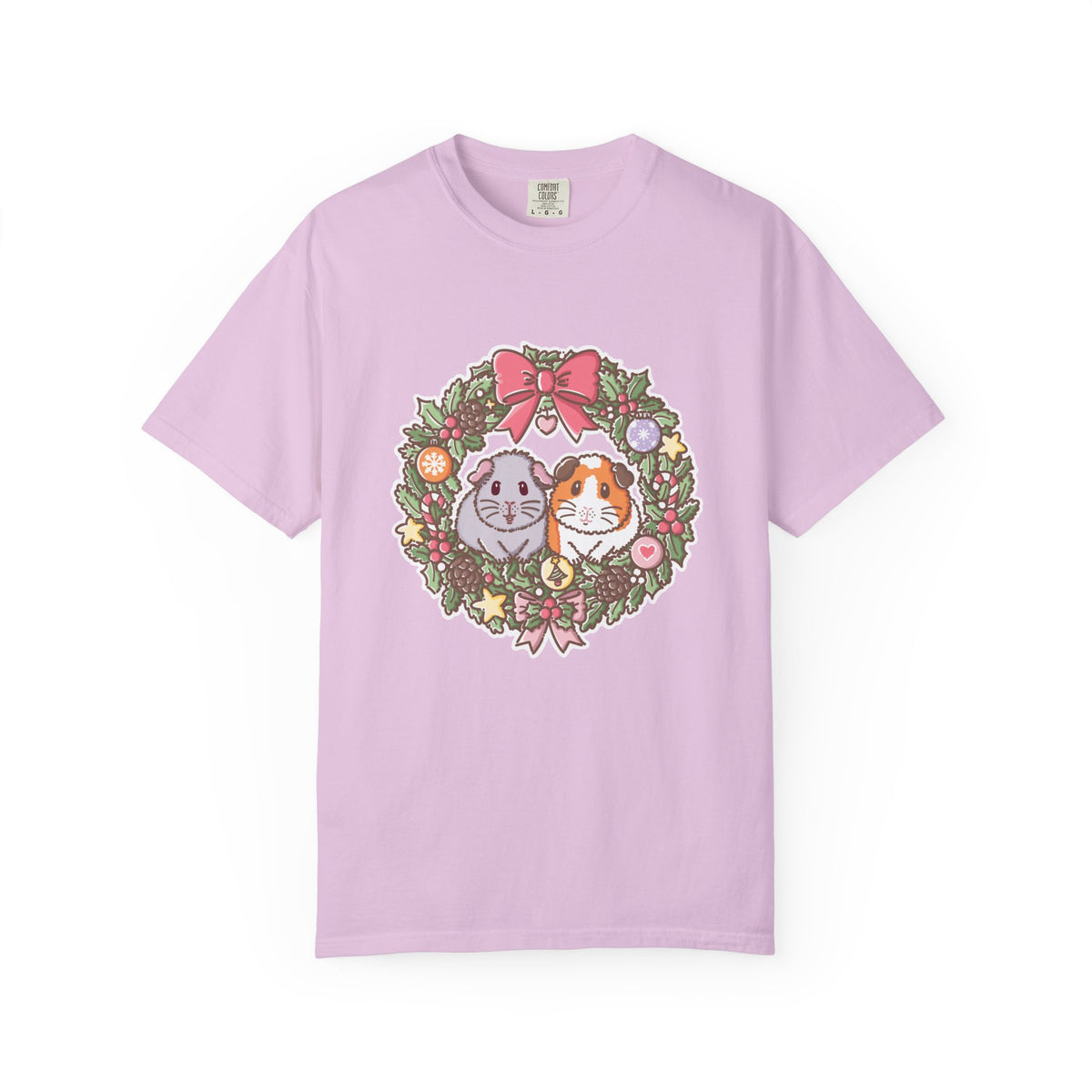 Light purple Christmas guinea pig T-shirt featuring Earl Grey and Teacake in a wreath.