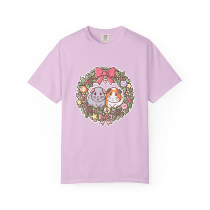 Light purple Christmas guinea pig T-shirt featuring Earl Grey and Teacake in a wreath.