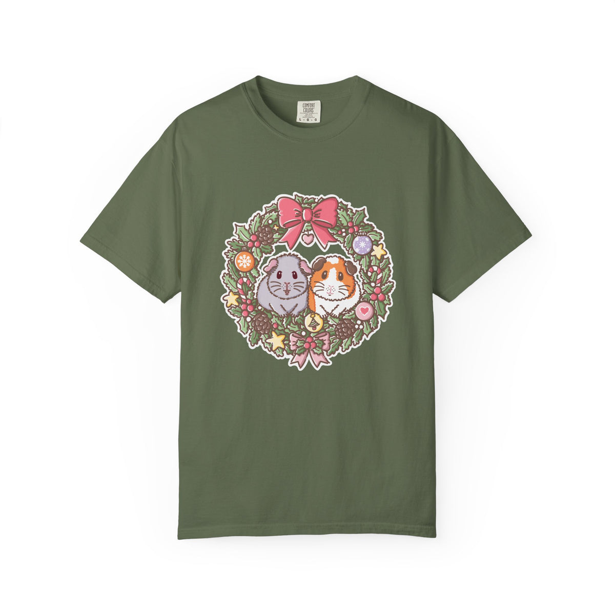 Sage green Christmas T-shirt featuring the illustrated guinea pig wreath design.