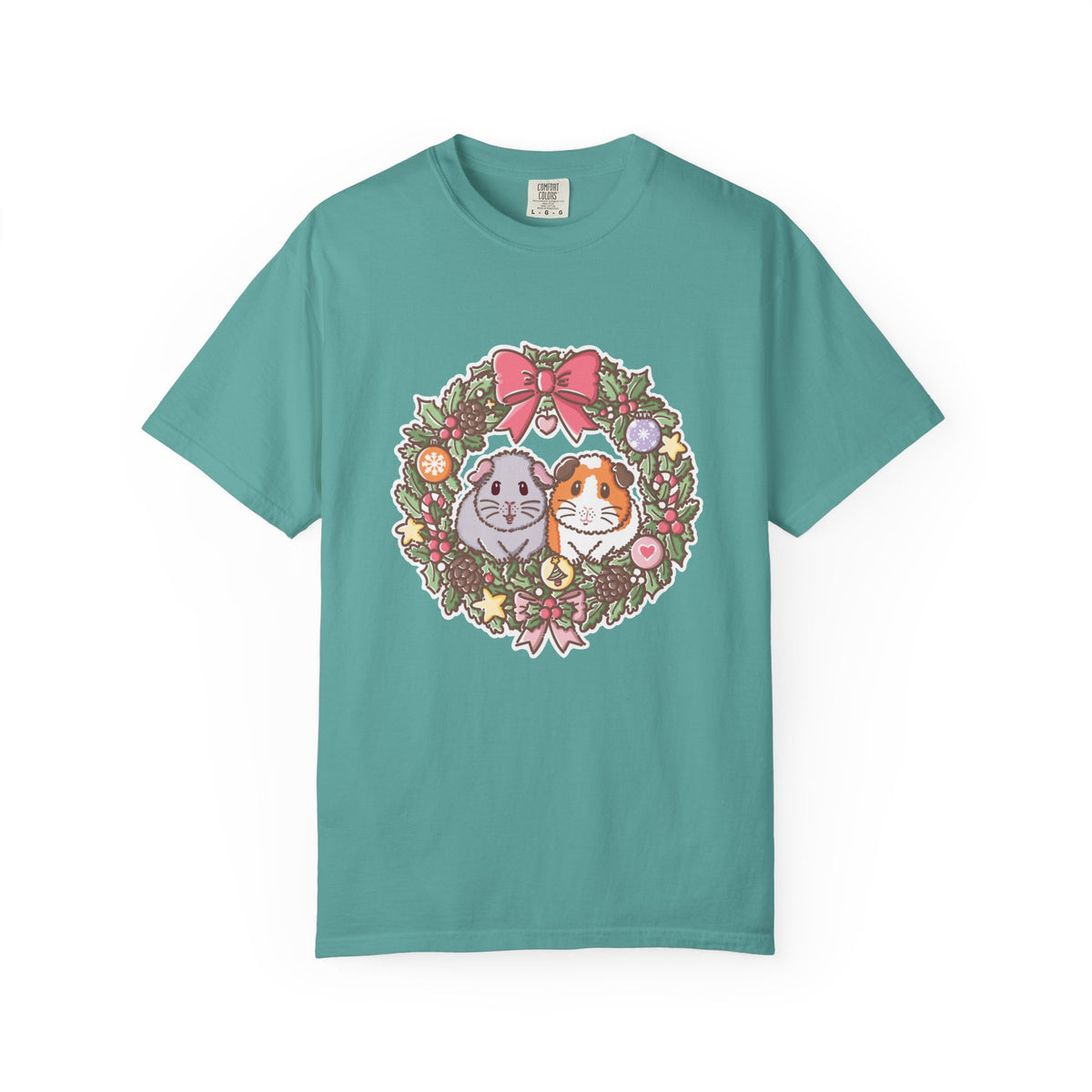 Seafoam green Christmas T-shirt with an illustrated guinea pig wreath featuring Earl Grey and Teacake.
