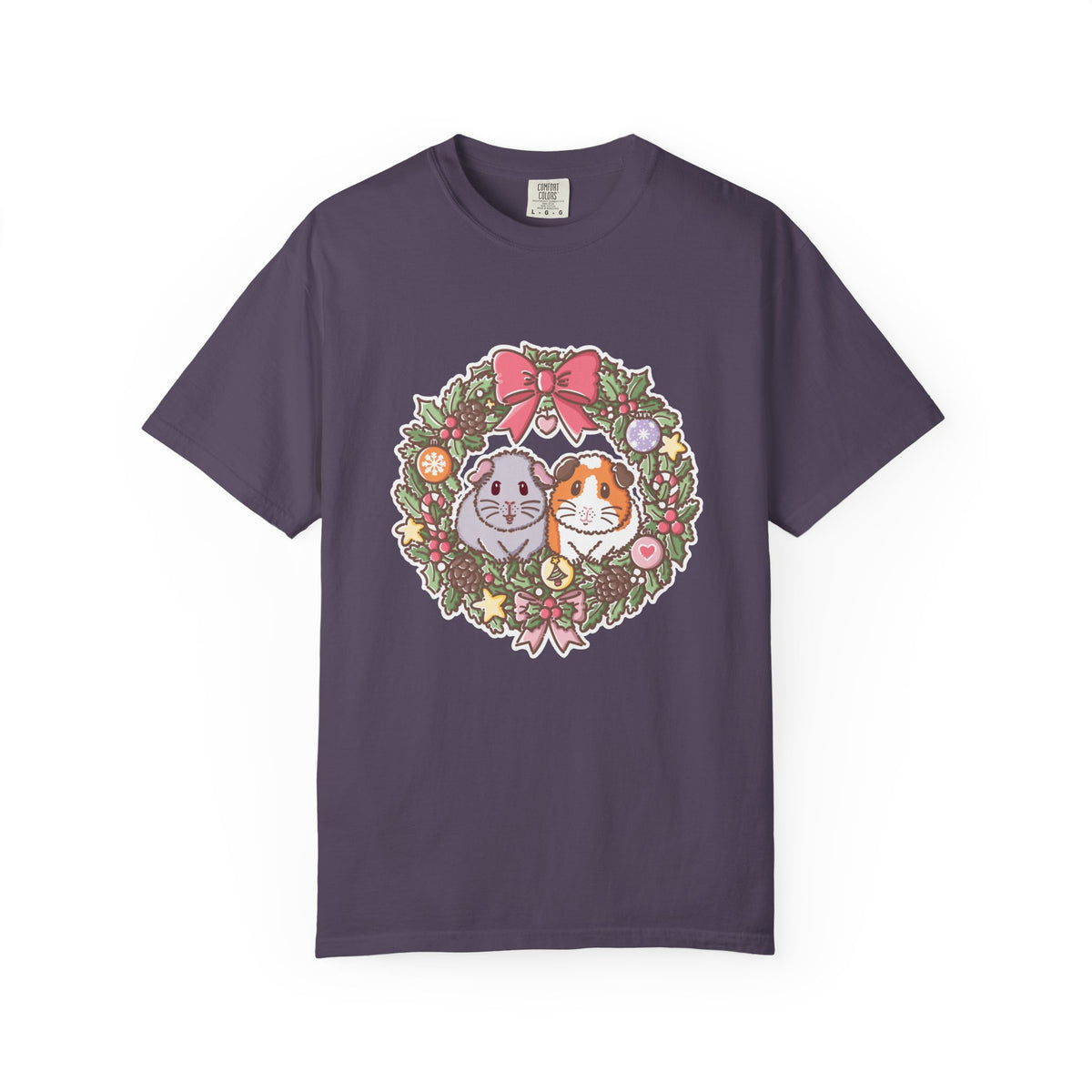 Dark purple Christmas guinea pig T-shirt featuring the festive wreath illustration.