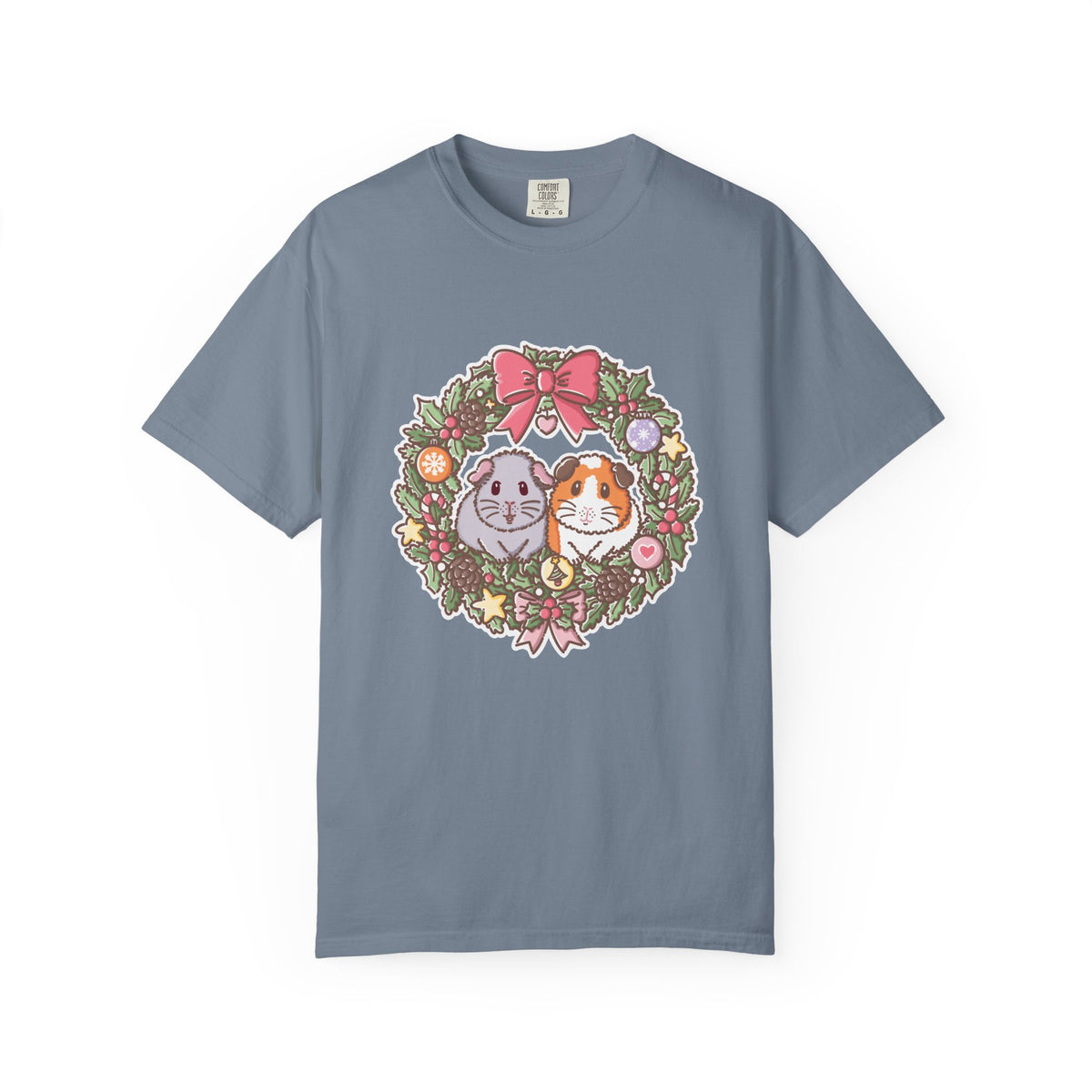 Blue-grey Christmas guinea pig T-shirt with Earl Grey and Teacake wreath artwork.