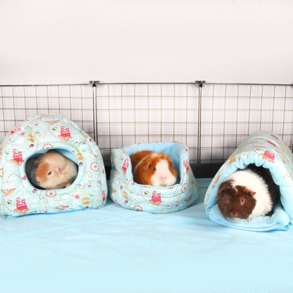 Pirate Themed Guinea Pig Accessory Bundle, full fleece accessory set inside a cage with guinea pig using them