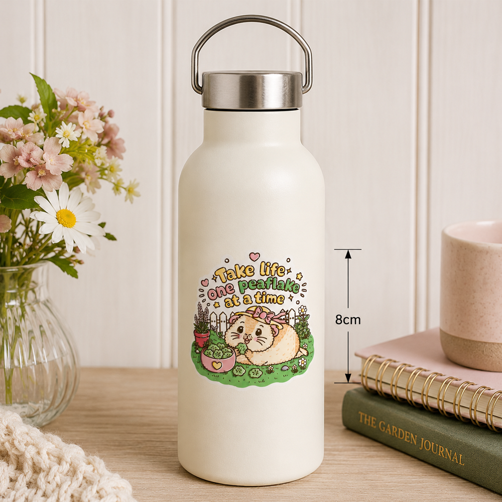 Take Life One Peaflake at a Time guinea pig sticker on a white water bottle