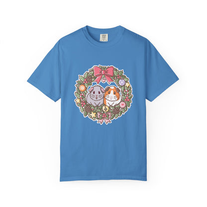 Blue Jean Comfort Colors T-shirt featuring Earl Grey and Teacake in a Christmas wreath.