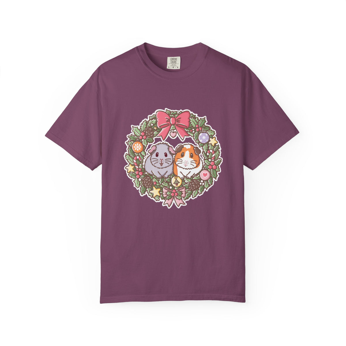 Berry-coloured T-shirt with festive Earl Grey and Teacake guinea pig artwork.