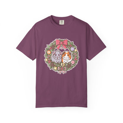 Berry-coloured T-shirt with festive Earl Grey and Teacake guinea pig artwork.