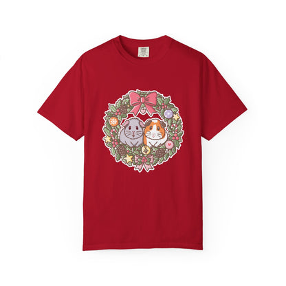 Red Christmas guinea pig T-shirt featuring Earl Grey and Teacake surrounded by a festive wreath.