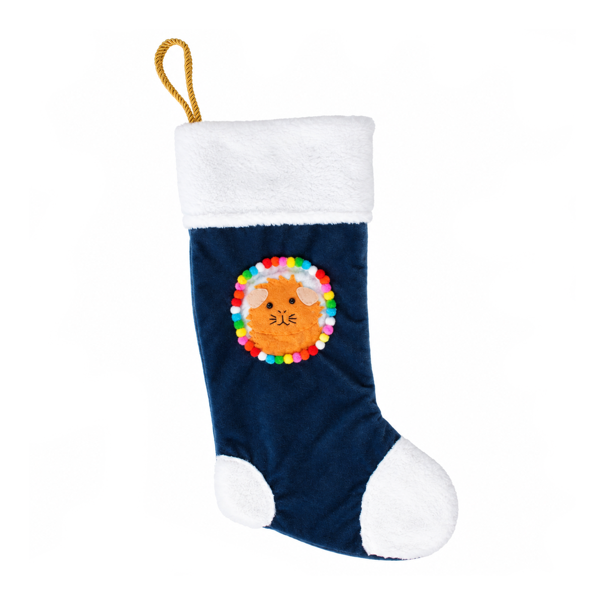 Handmade ginger guinea pig Christmas stocking with pink ears, navy blue recycled velvet, fluffy white cuddle fleece trim and colourful pom-pom decoration.