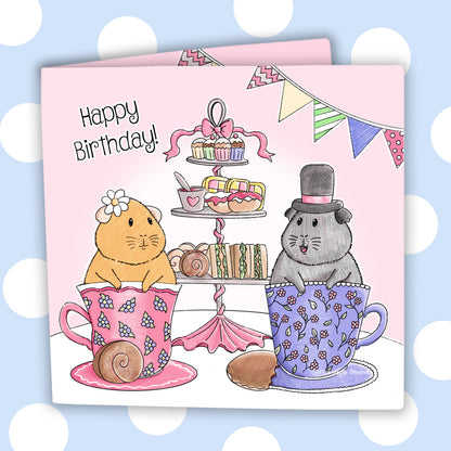 Guinea Pig Tea Party - Personalised Greetings Card, front view showing the guinea pig tea party in action