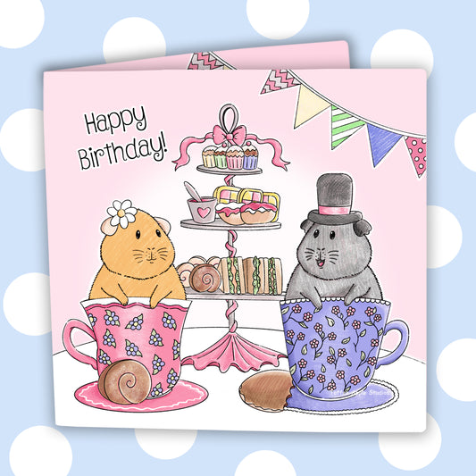 Guinea Pig Tea Party - Personalised Greetings Card, front view showing the guinea pig tea party in action
