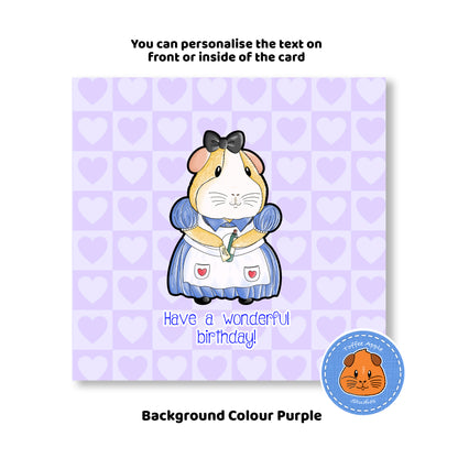 Alice In Piggy Land - Guinea Pig Birthday Card, personalised birthday card with purple background