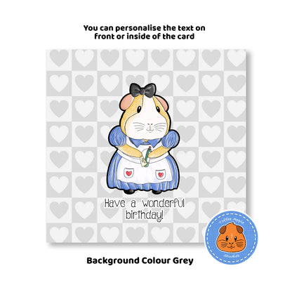 Alice In Piggy Land - Guinea Pig Birthday Card, funny birthday card with grey background