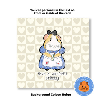 Alice In Piggy Land - Guinea Pig Birthday Card, beige heart pattern background on cute birthday card