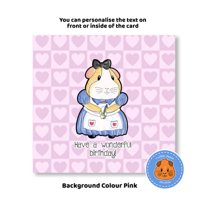 Alice In Piggy Land - Guinea Pig Birthday Card, animal birthday card with pink background