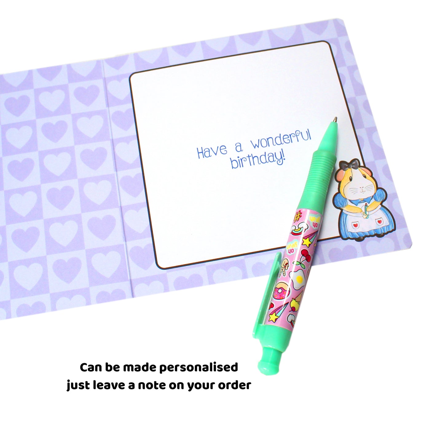 Alice In Piggy Land - Guinea Pig Birthday Card, inside view showing the blank are and cute heart pattern