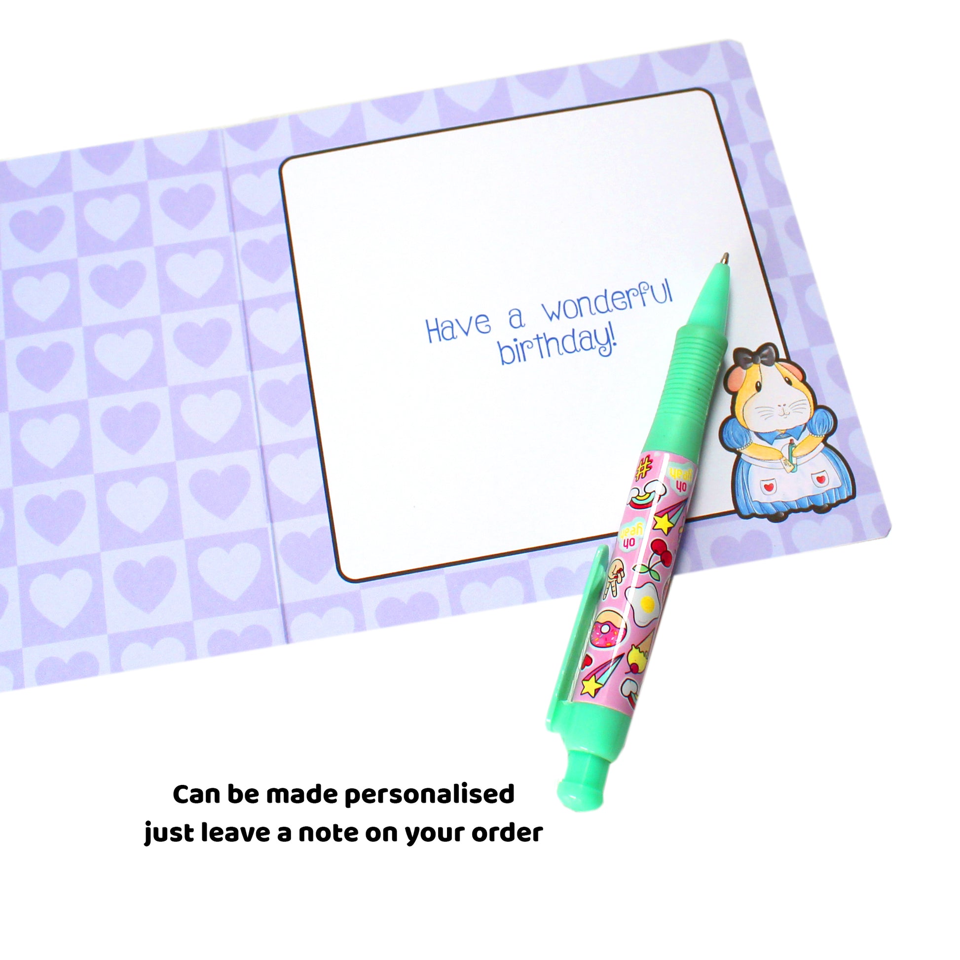 Alice In Piggy Land - Guinea Pig Birthday Card, inside view showing the blank are and cute heart pattern
