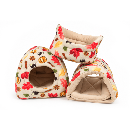 Autumn Beige Guinea Pig Accessory Bundle featuring a fleece hidey house, snuggle tunnel and cuddle cup