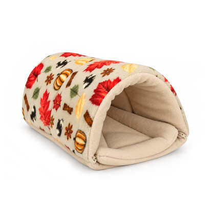 Autumn Beige Snuggle Tunnel with pumpkin and autumn leaf fleece print