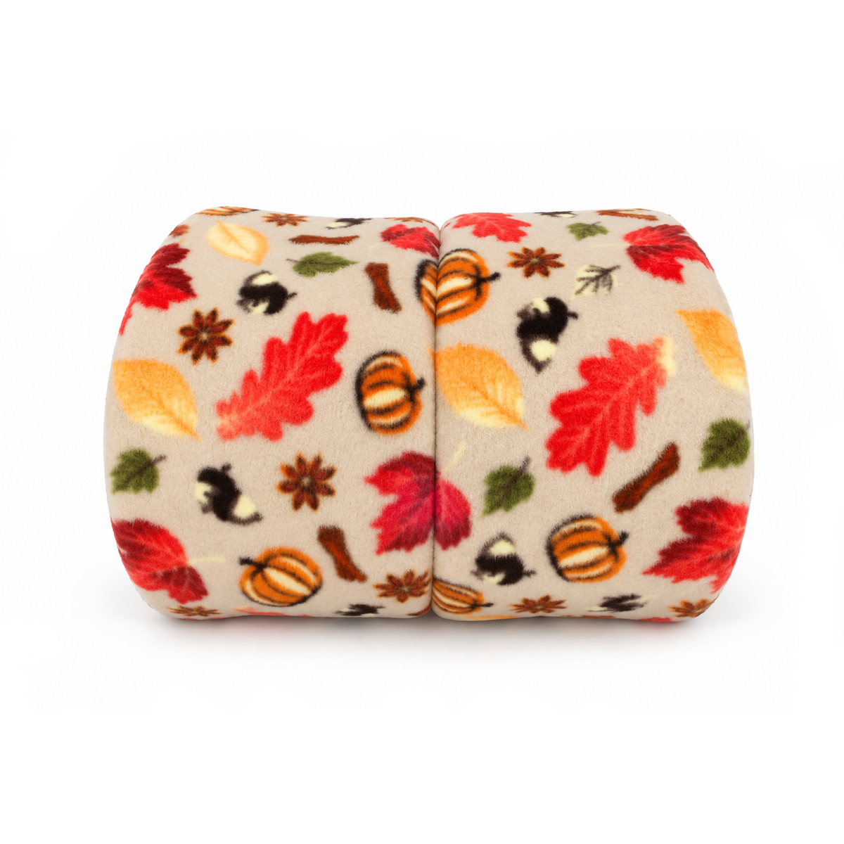 Top view of Autumn Beige Snuggle Tunnel showing autumn pumpkin and leaf print