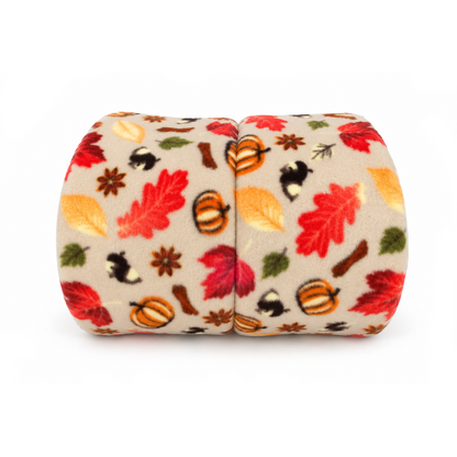 Top view of Autumn Beige Snuggle Tunnel showing autumn pumpkin and leaf print