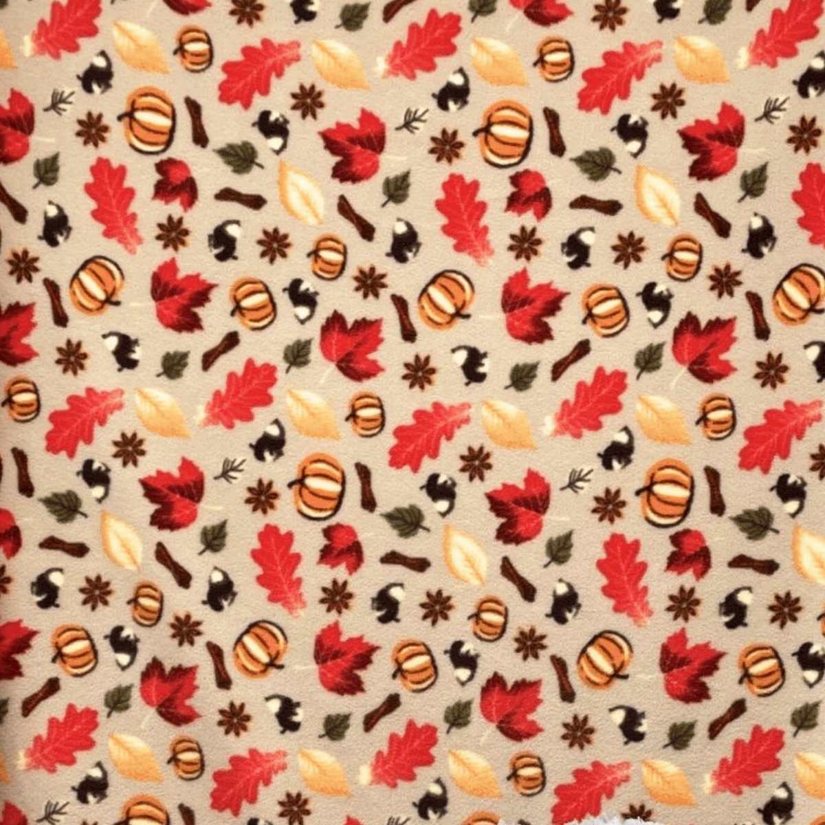 Autumn pumpkin and autumn leaf fleece fabric in beige, orange, red and green