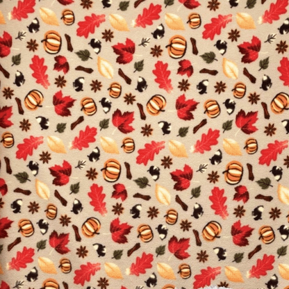 Autumn pumpkin and autumn leaf fleece fabric in beige, orange, red and green