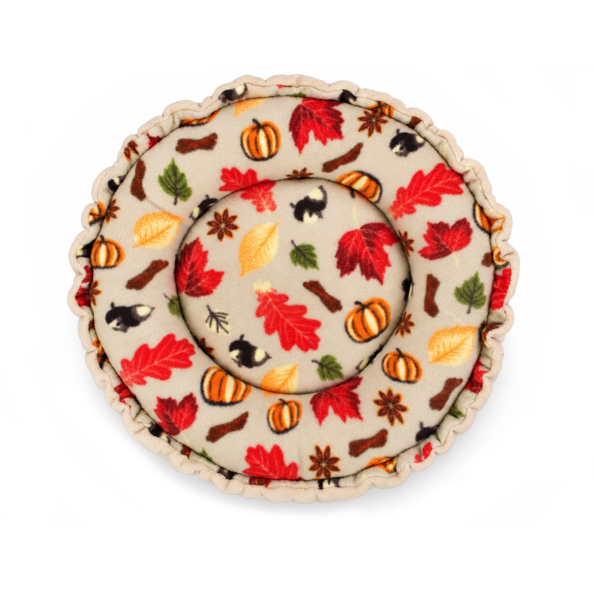 Autumn Beige Doughnut Bed showing soft raised fleece ring and autumn print