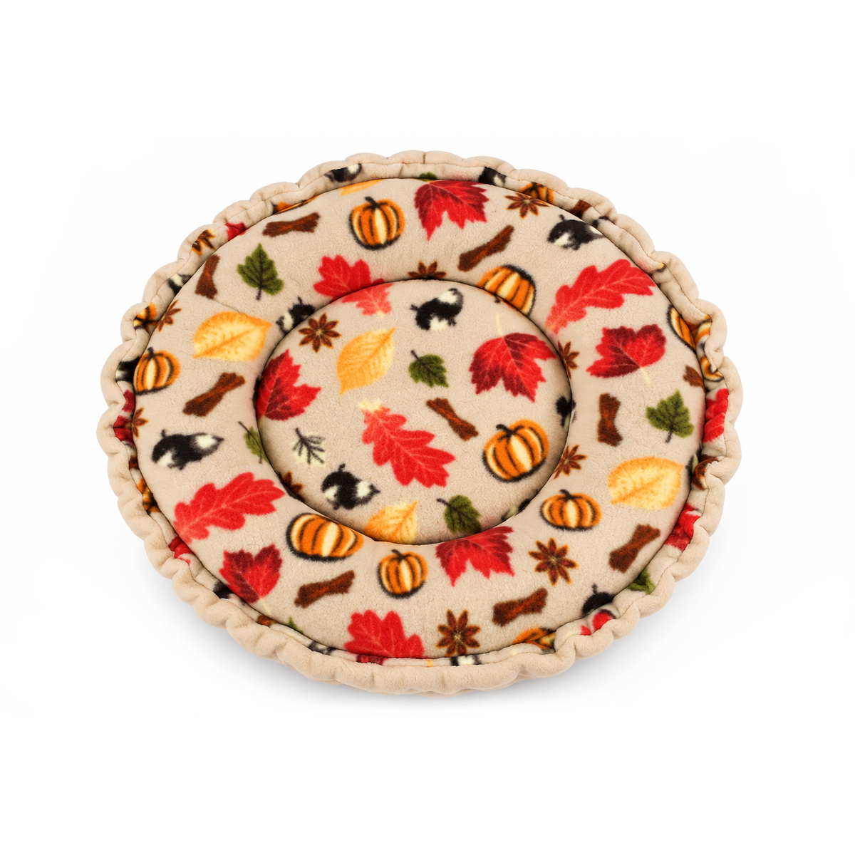 Autumn Beige Doughnut Bed with pumpkin and autumn leaf fleece print