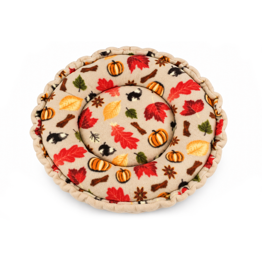 Autumn Beige Doughnut Bed with pumpkin and autumn leaf fleece print