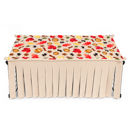 Autumn Beige Large Fleece Forest for guinea pigs with pumpkin and autumn leaf print and beige fleece curtains