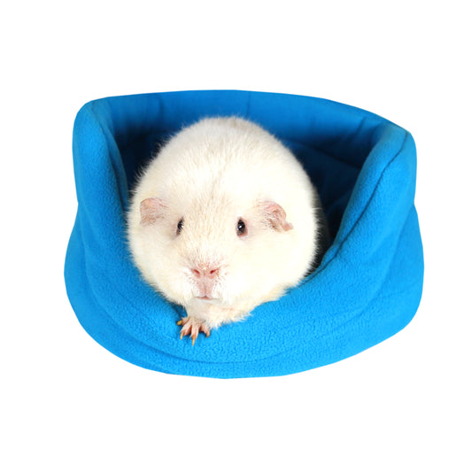 Azure Blue Bed for Guinea Pigs, front view of the cuddle with Halloumi the guinea pig