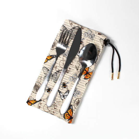 Steampunk Butterfly Travel Cutlery Set, the drawstring bag with a stainless steel cutlery