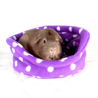 Purple Polka Dot Guinea Pig Cuddle Cup, front view with guinea pig