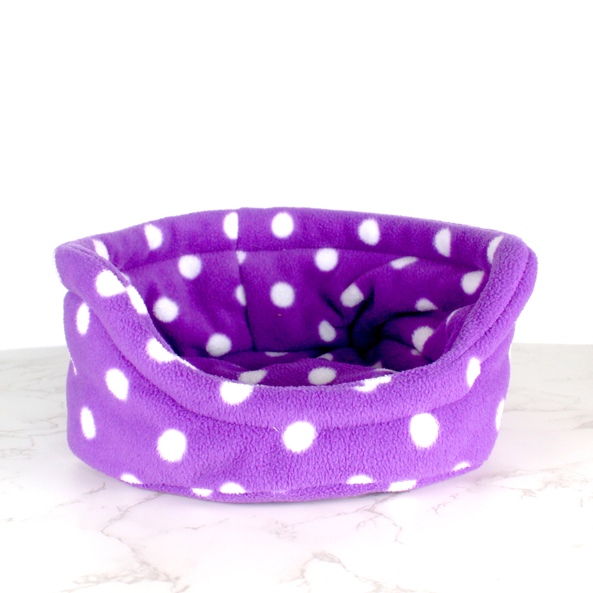 Purple Polka Dot Guinea Pig Cuddle Cup, front view empty
