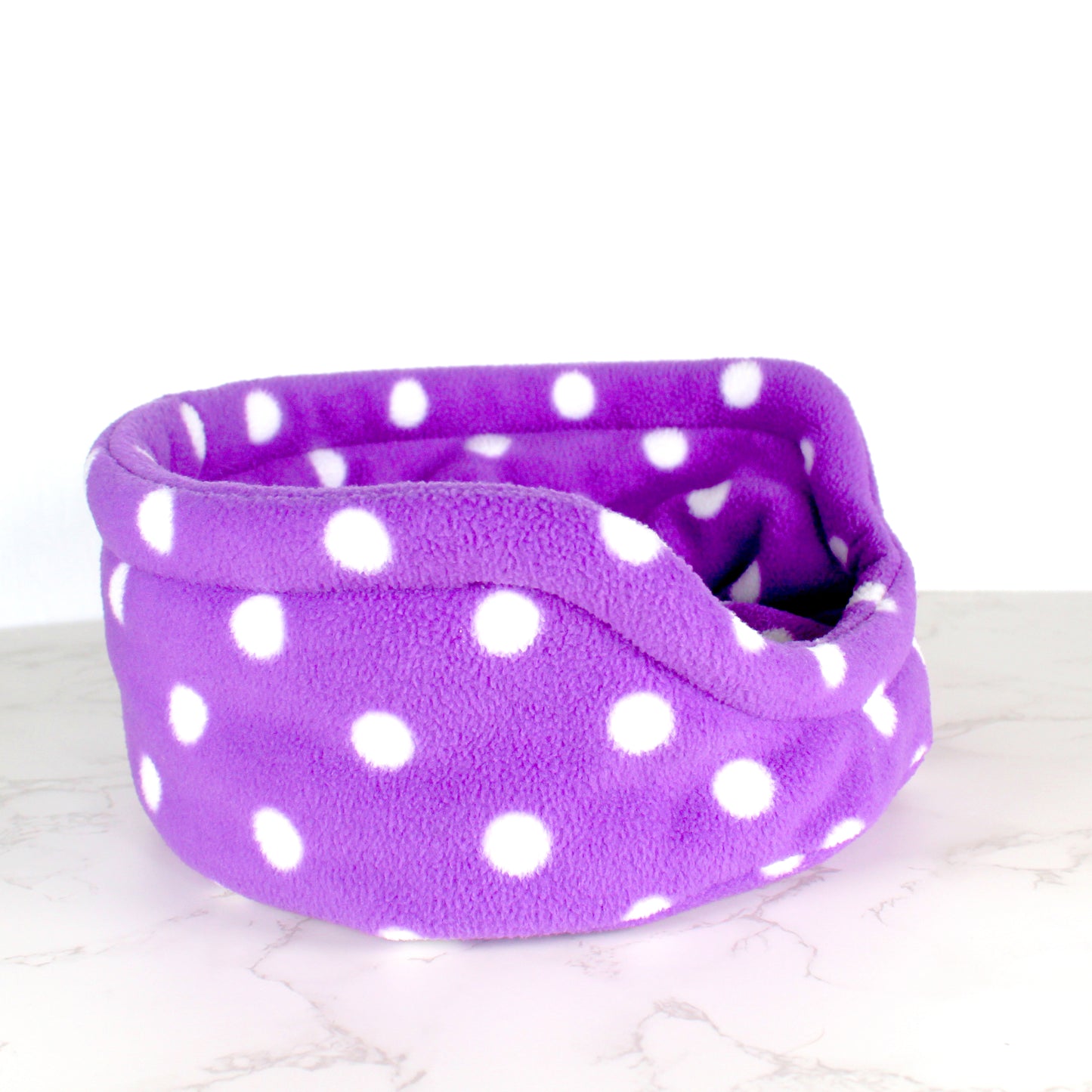 Purple Polka Dot Guinea Pig Cuddle Cup, side view empty
