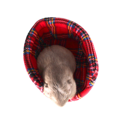Red Tartan Guinea Pig Cuddle Cup, top view with guinea pig