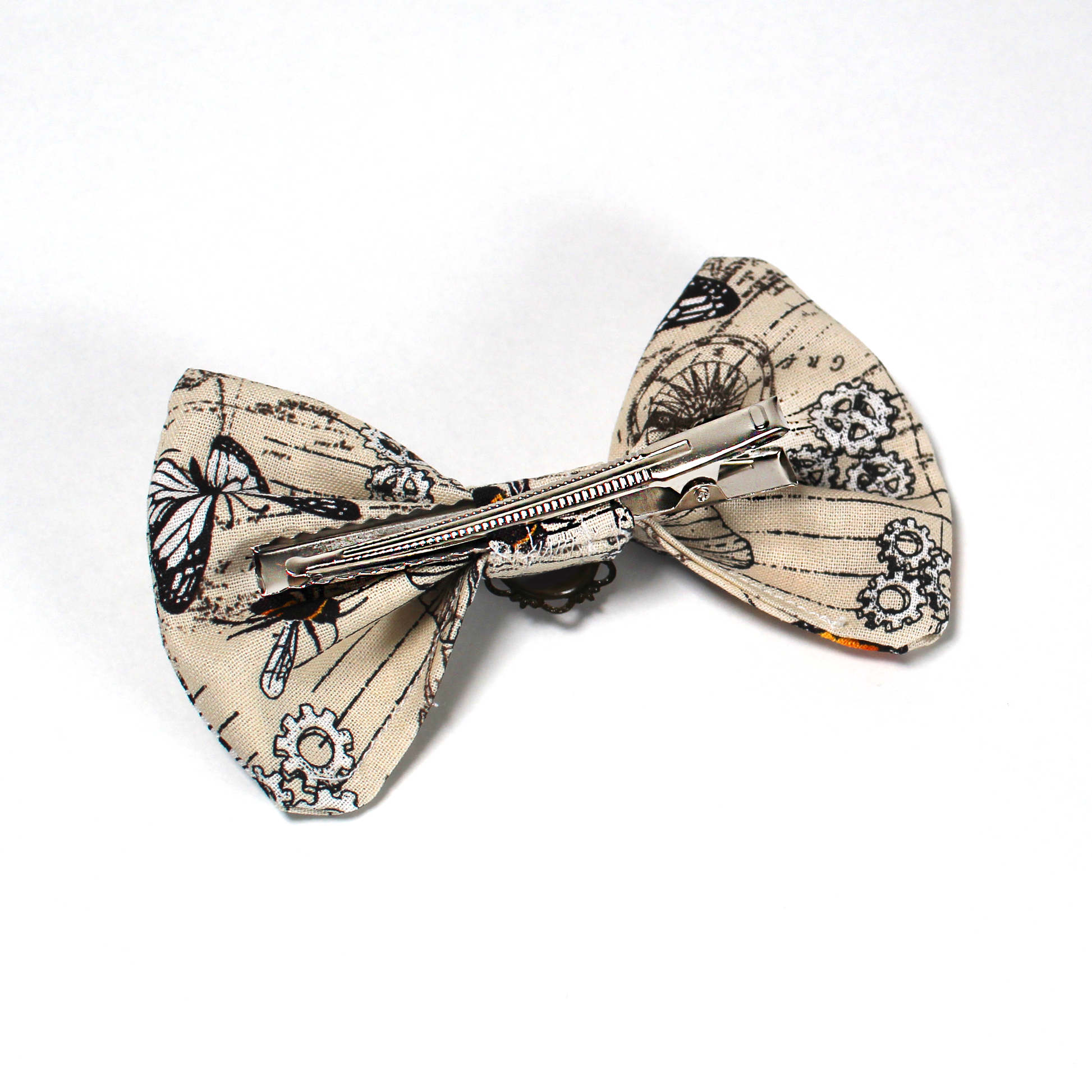 Medium Steampunk Butterfly Hair Bow Clip, rear of the clip showing the sturdy crocodile clip