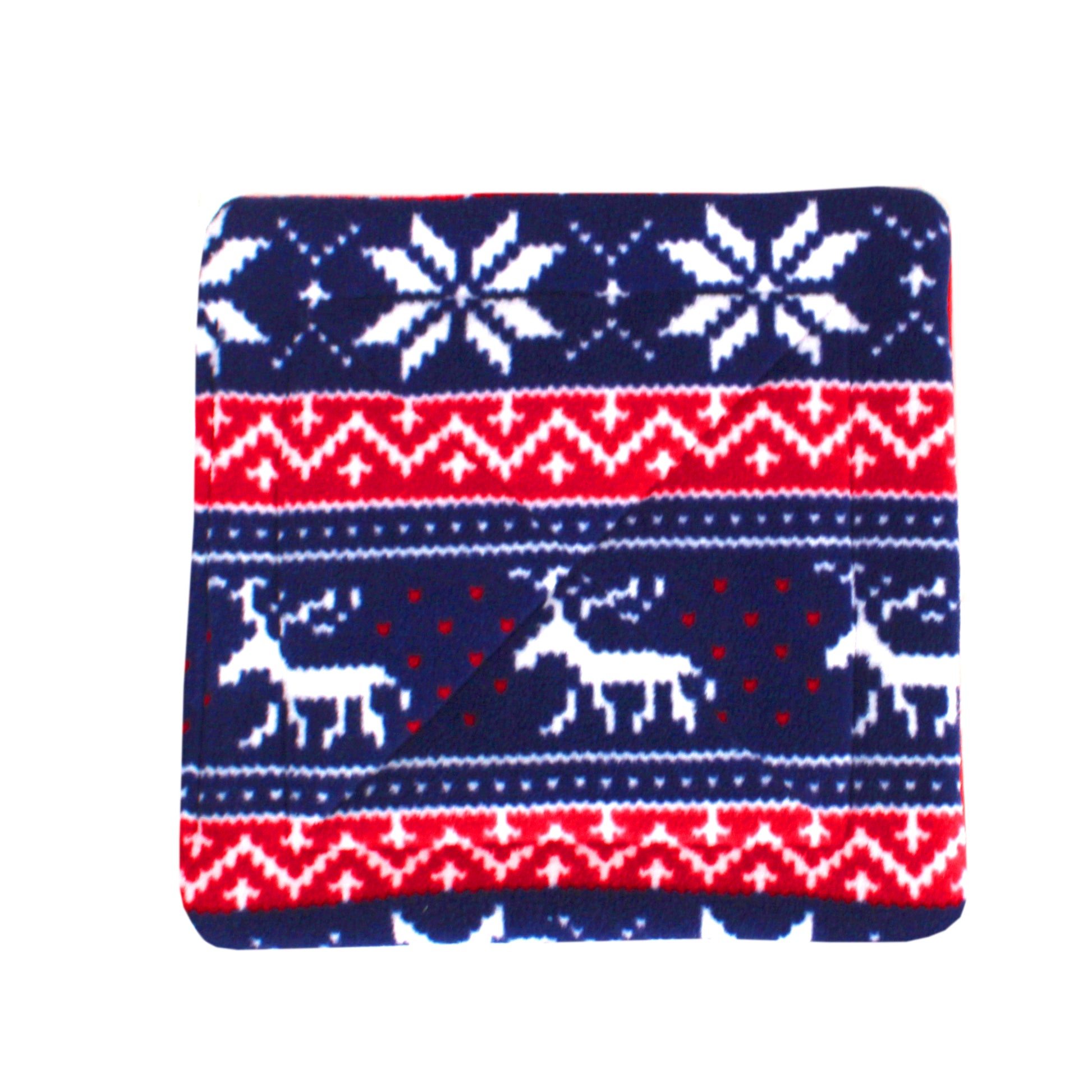 Guinea Pig Pee Pad with red, white, and blue pattern featuring reindeer and snowflakes on a white background.