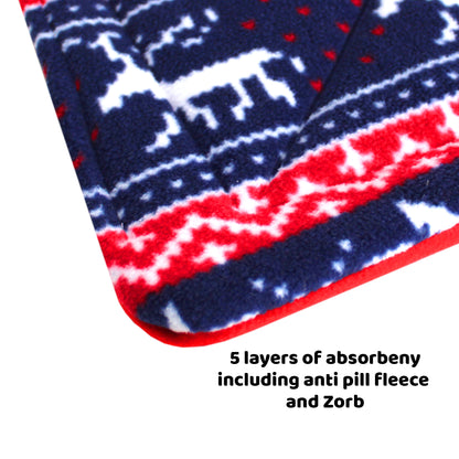 Close-up of a textured fabric with red, white, and blue pattern on a white background.