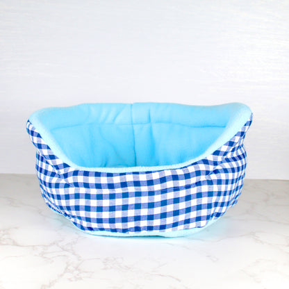 Blue Gingham Bed for Guinea Pigs, front view empty