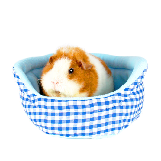 Blue Gingham Bed for Guinea Pigs, Front view with a guinea pig