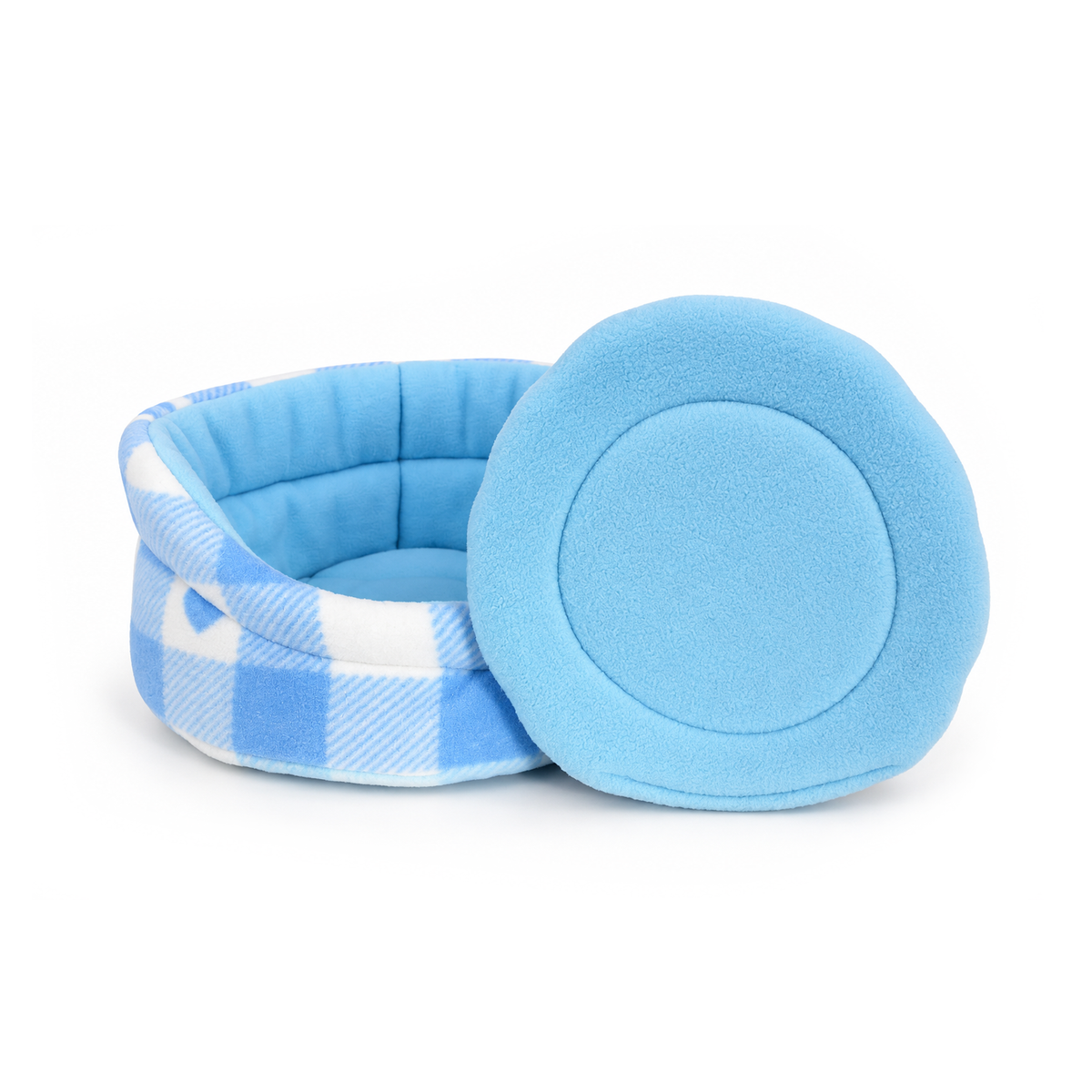 Blue Hearts Gingham cuddle cup bed showing padded fleece base