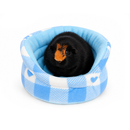 Blue Hearts Gingham guinea pig cuddle cup bed viewed from above