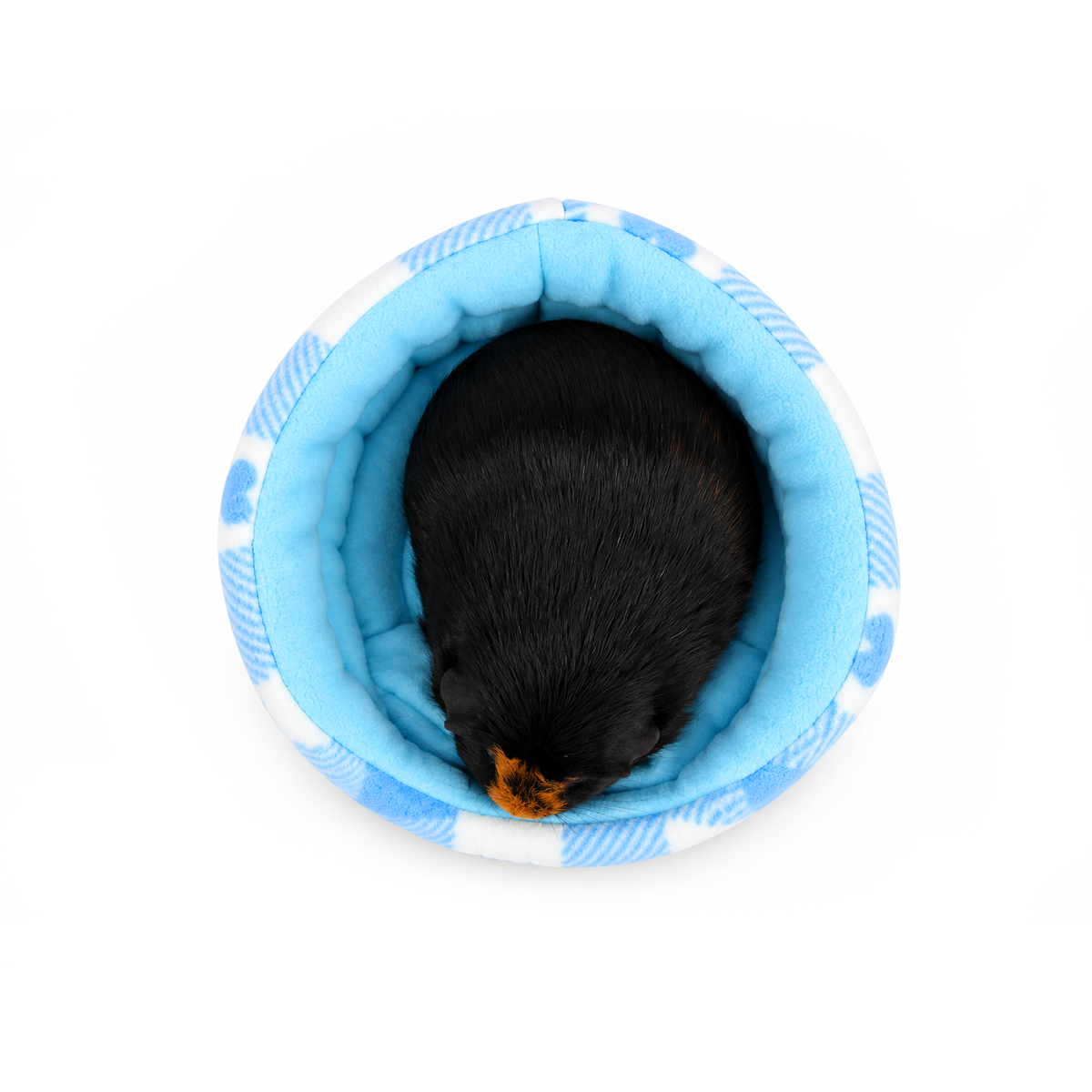 Blue Hearts Gingham fleece cuddle cup bed showing soft blue fleece interior