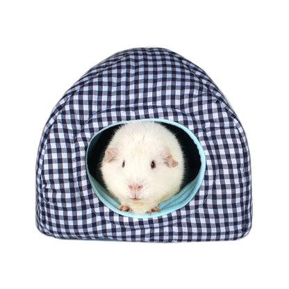 Blue Gingham Pattern Hidey House, front view with guinea pig