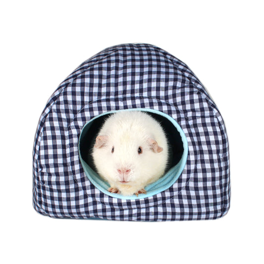 Blue Gingham Pattern Hidey House, front view with guinea pig